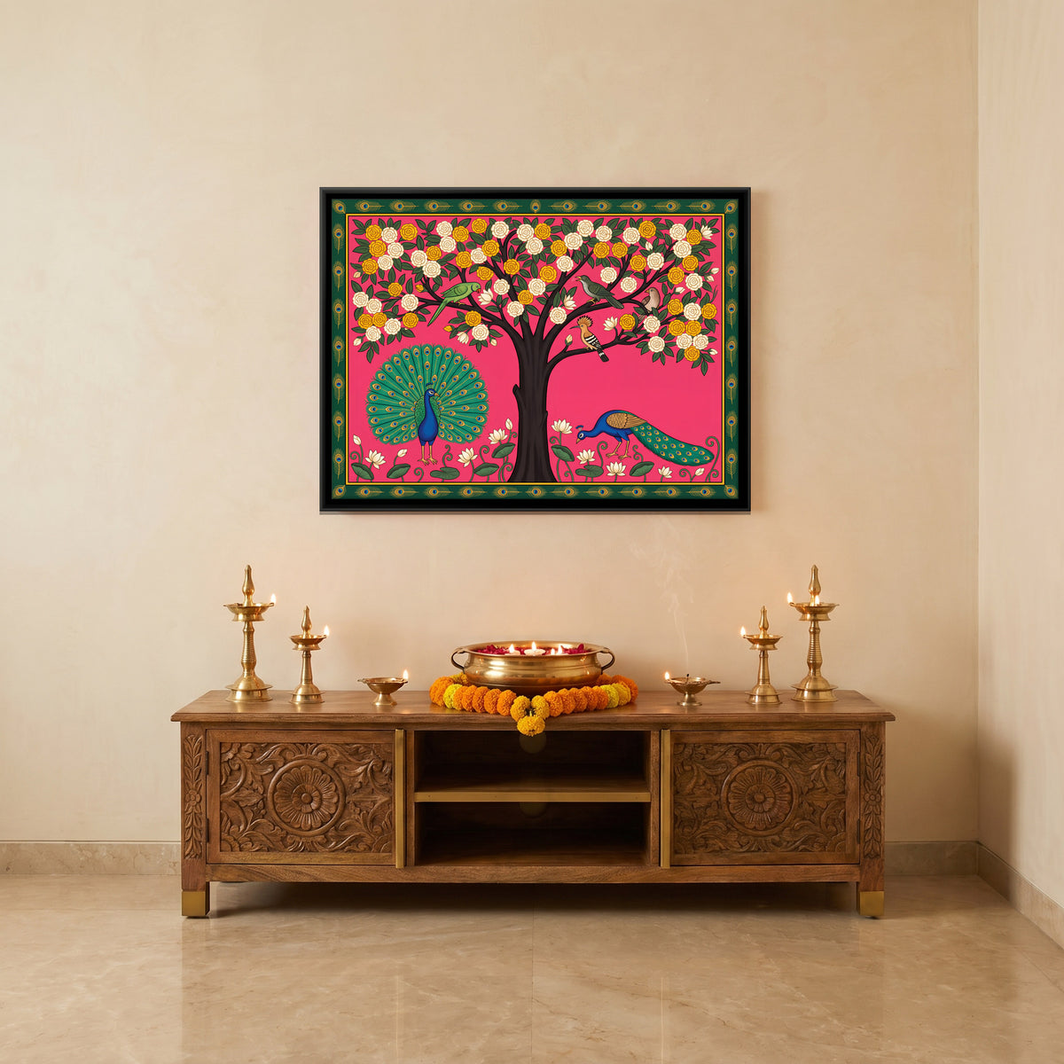 Blossom Tree with Peacocks - canvas art shown in a styled room