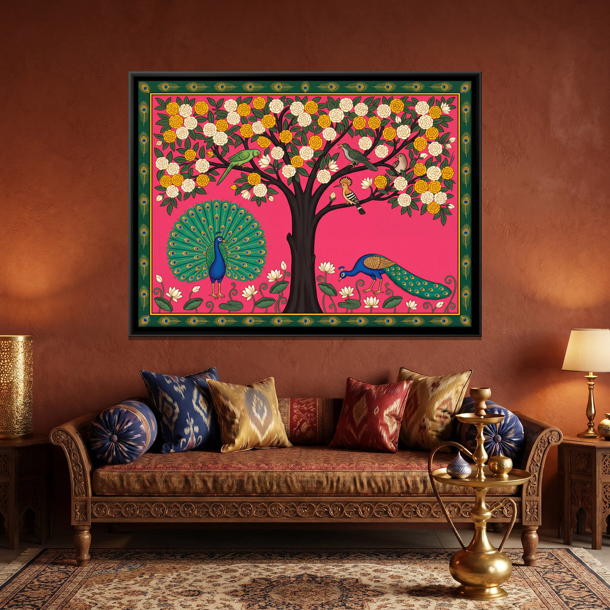 Blossom Tree with Peacocks - canvas art shown in a second room setting