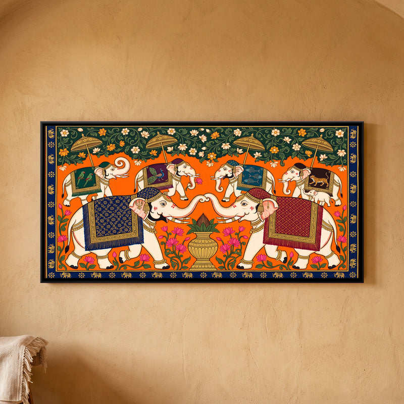 Elephants with a Kalash - framed canvas art hung on a wall