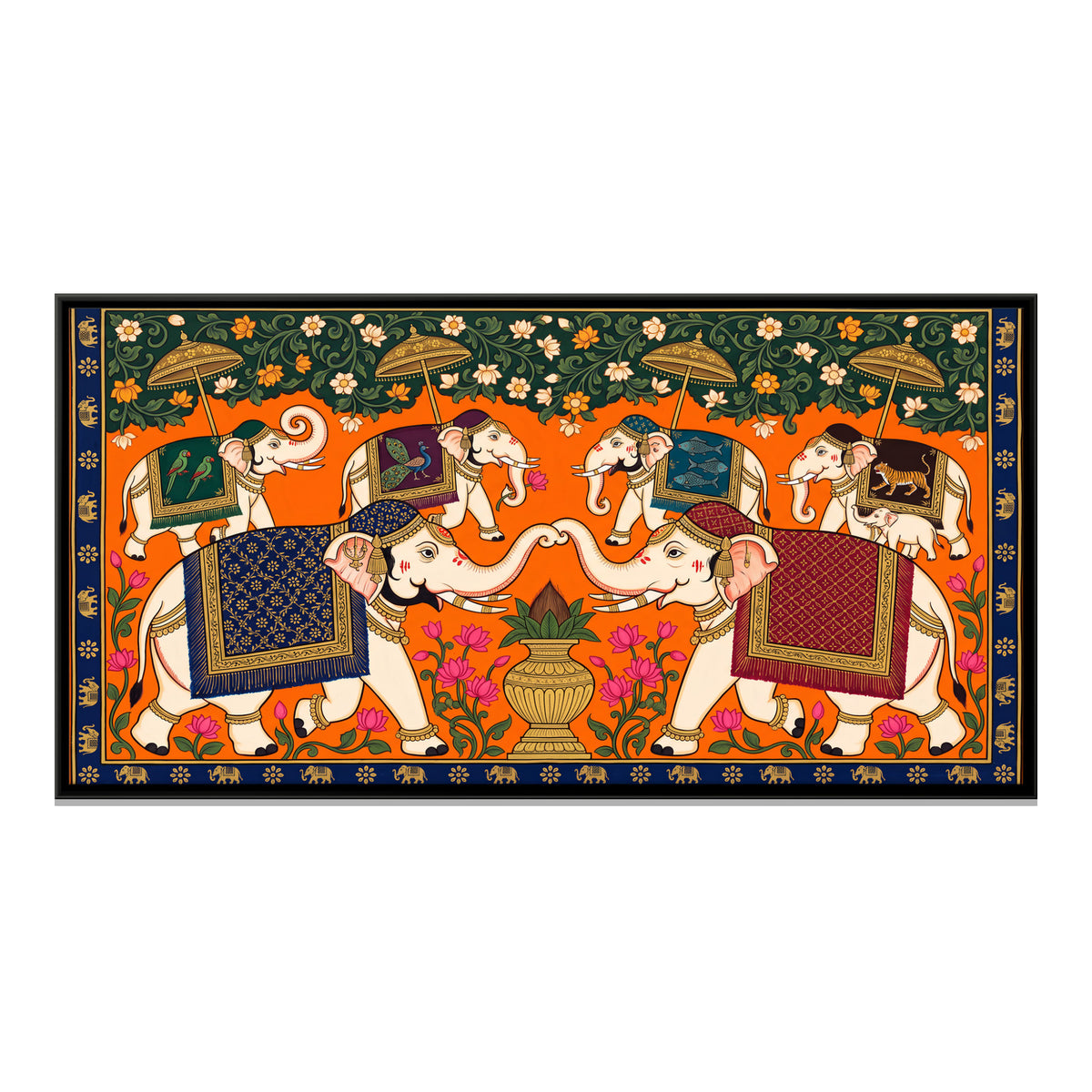 Elephants with a Kalash - framed canvas print, front view