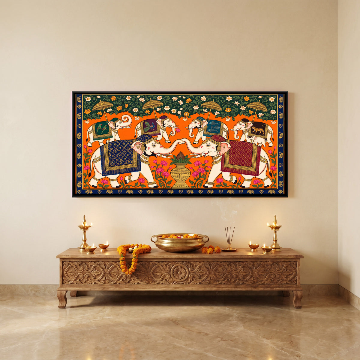 Elephants with a Kalash - canvas art shown in a styled room