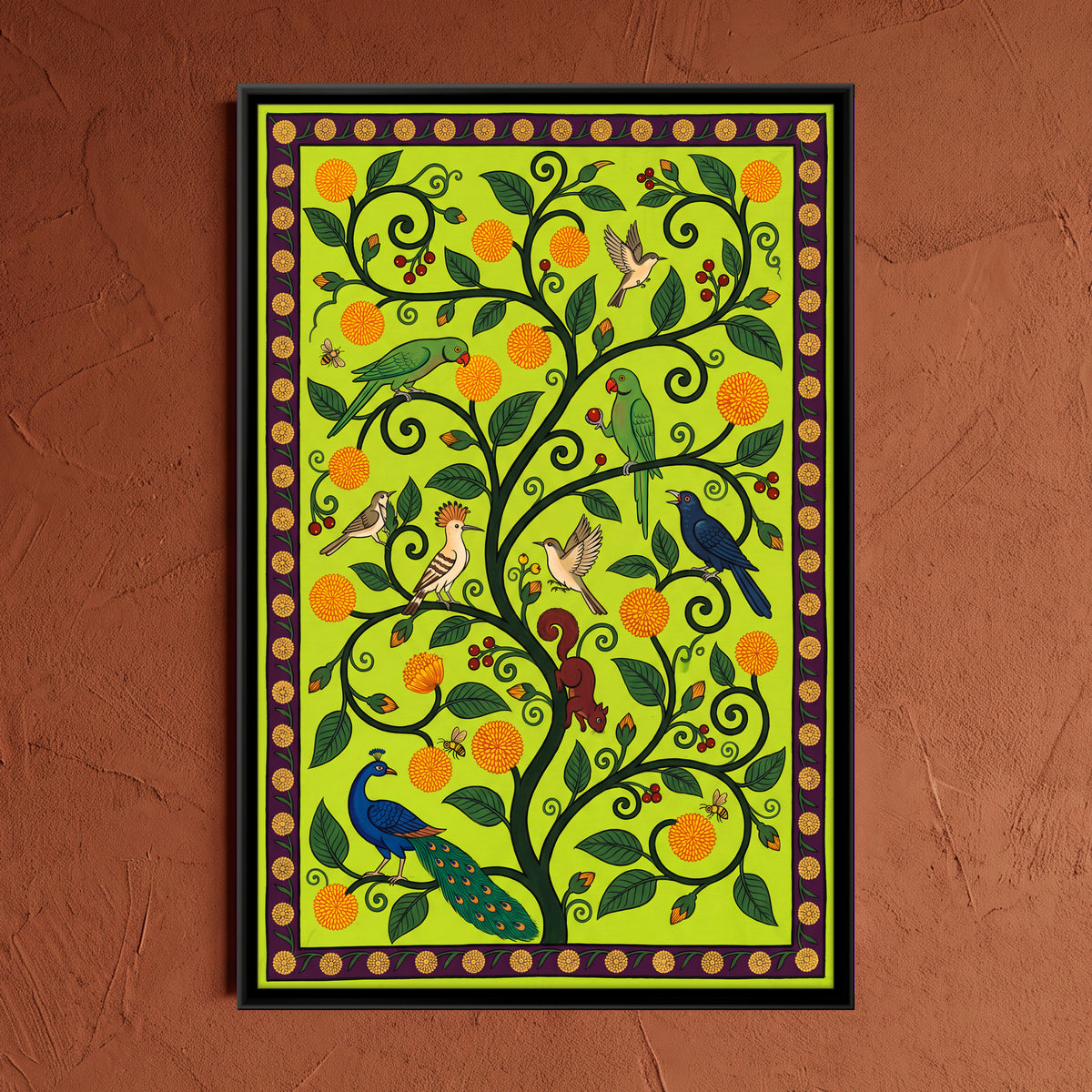 Kadamba Vine with Parrots - framed canvas art hung on a wall