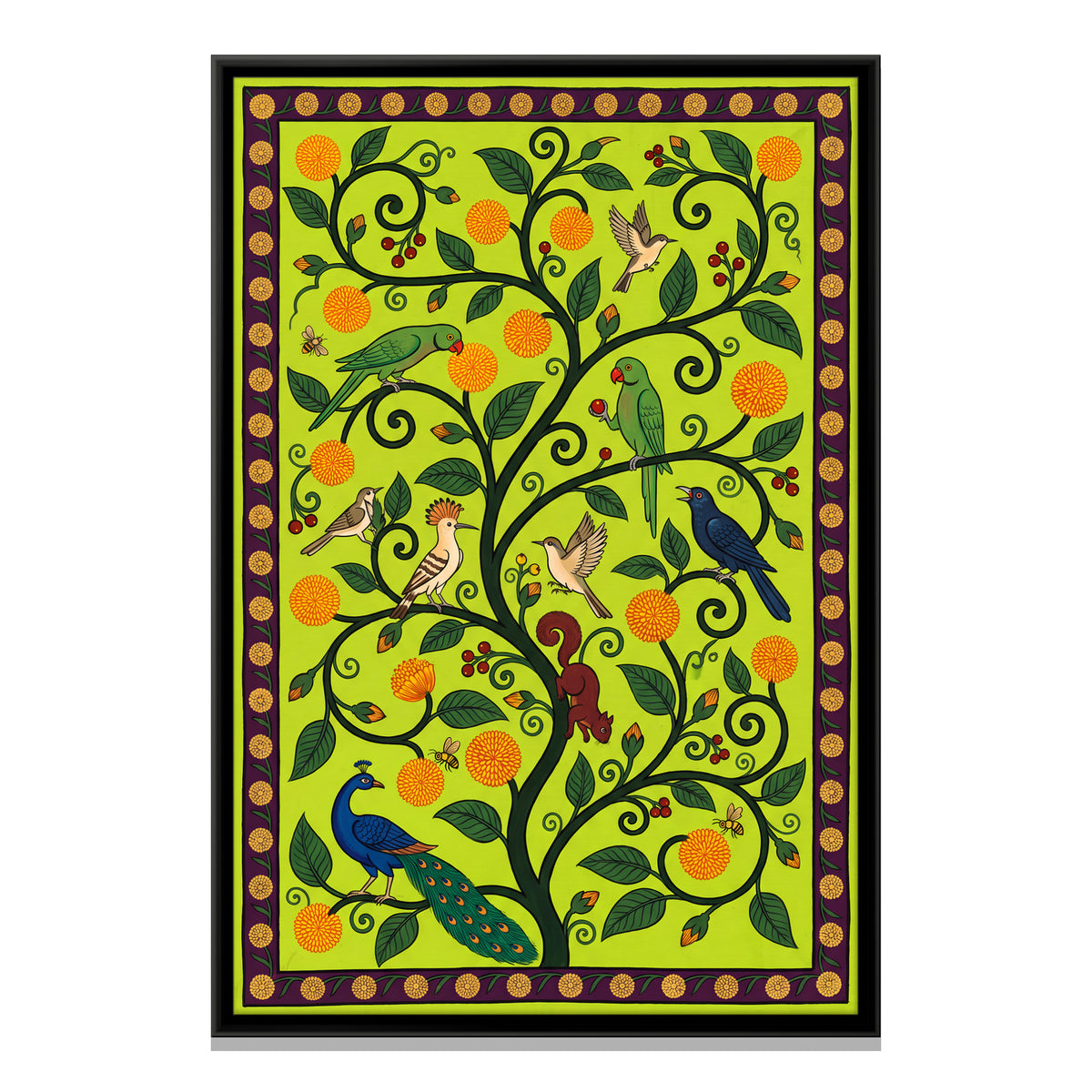 Kadamba Vine with Parrots - framed canvas print, front view