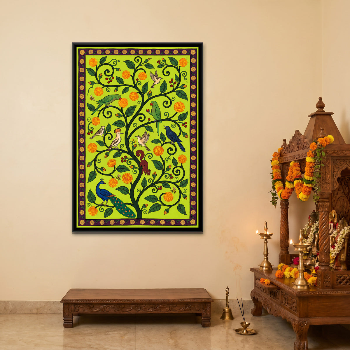 Kadamba Vine with Parrots - canvas art shown in a second room setting