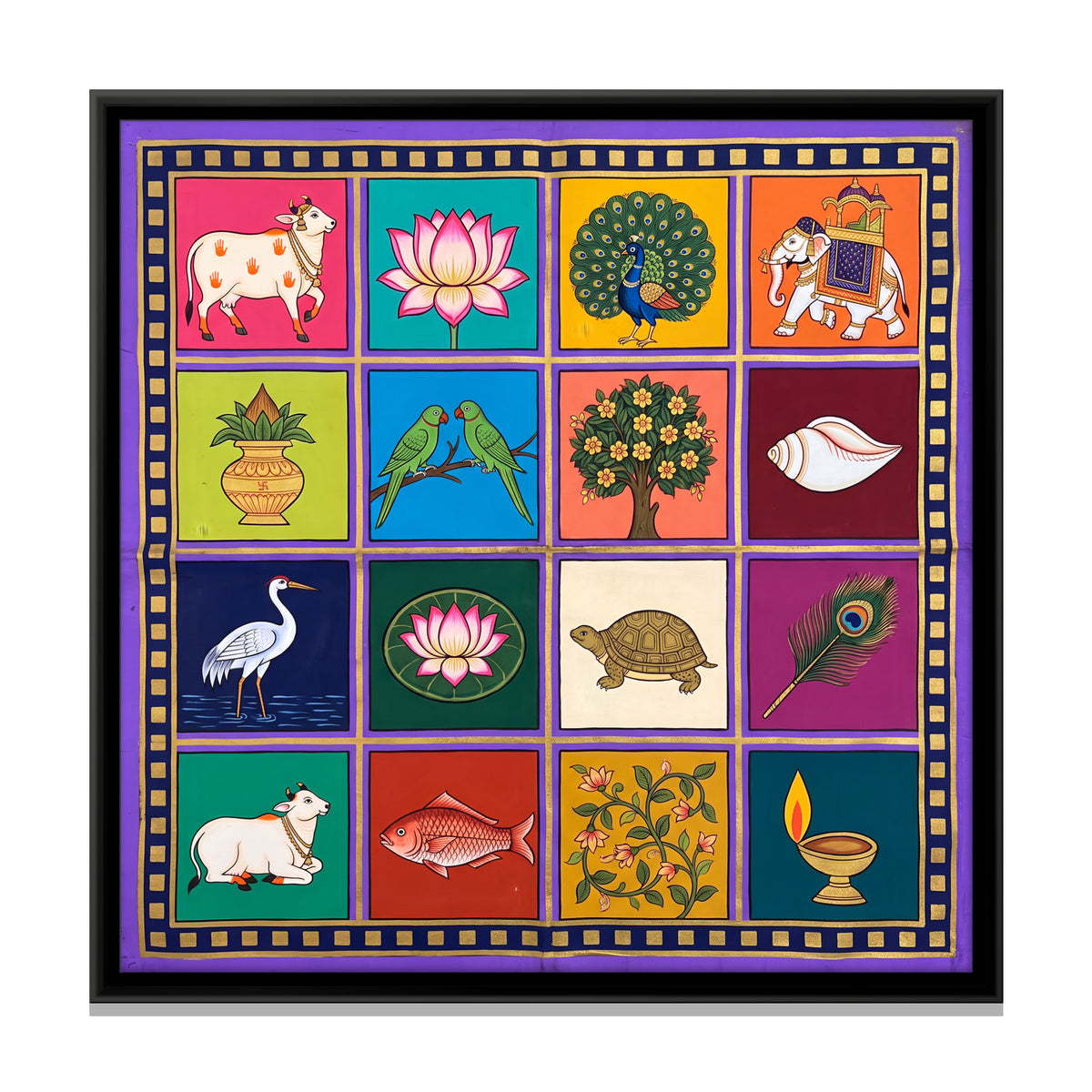Sixteen Auspicious Motifs - framed canvas print, front view