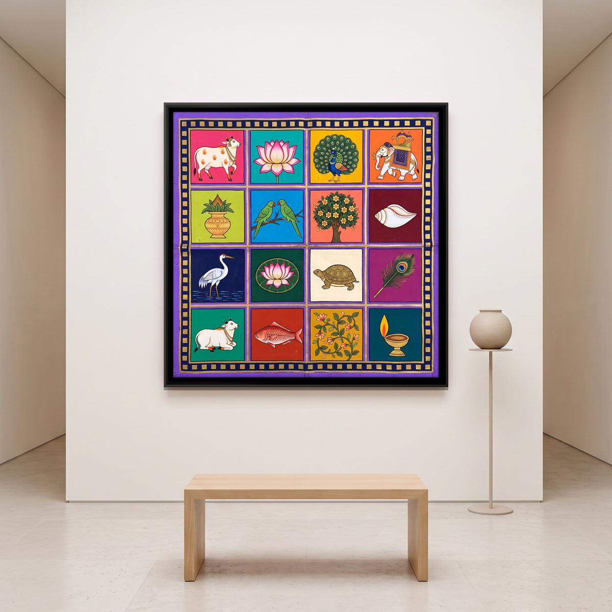 Sixteen Auspicious Motifs - canvas art shown in a second room setting