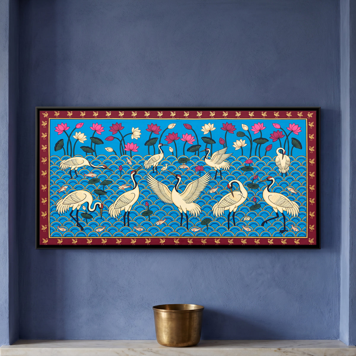Cranes in a Lotus Pond - framed canvas art hung on a wall
