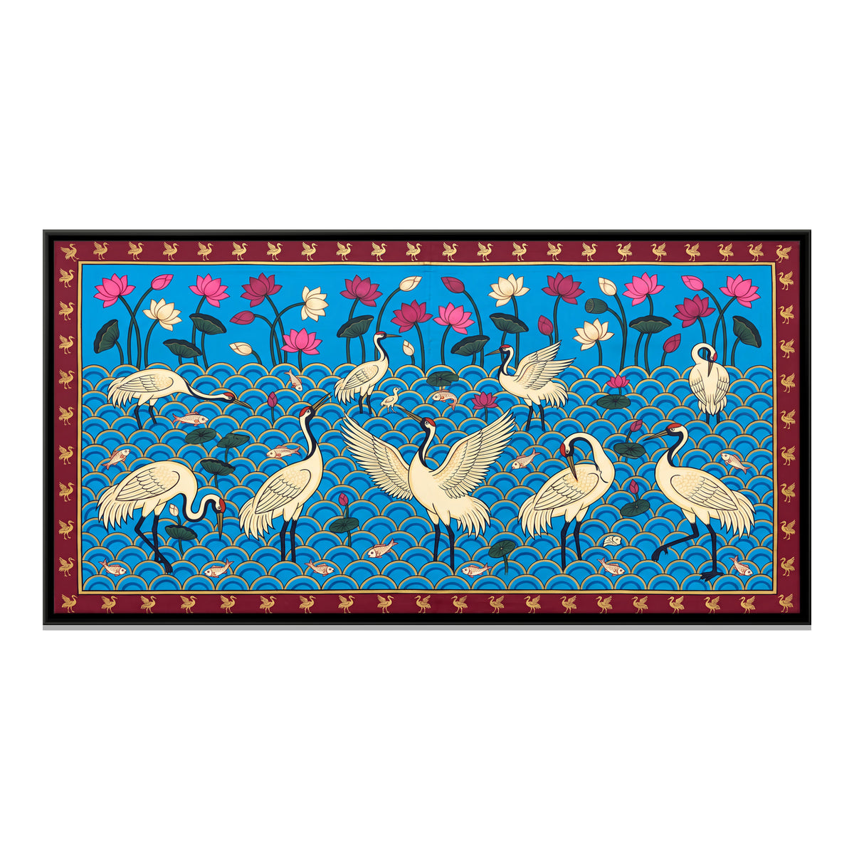 Cranes in a Lotus Pond - framed canvas print, front view