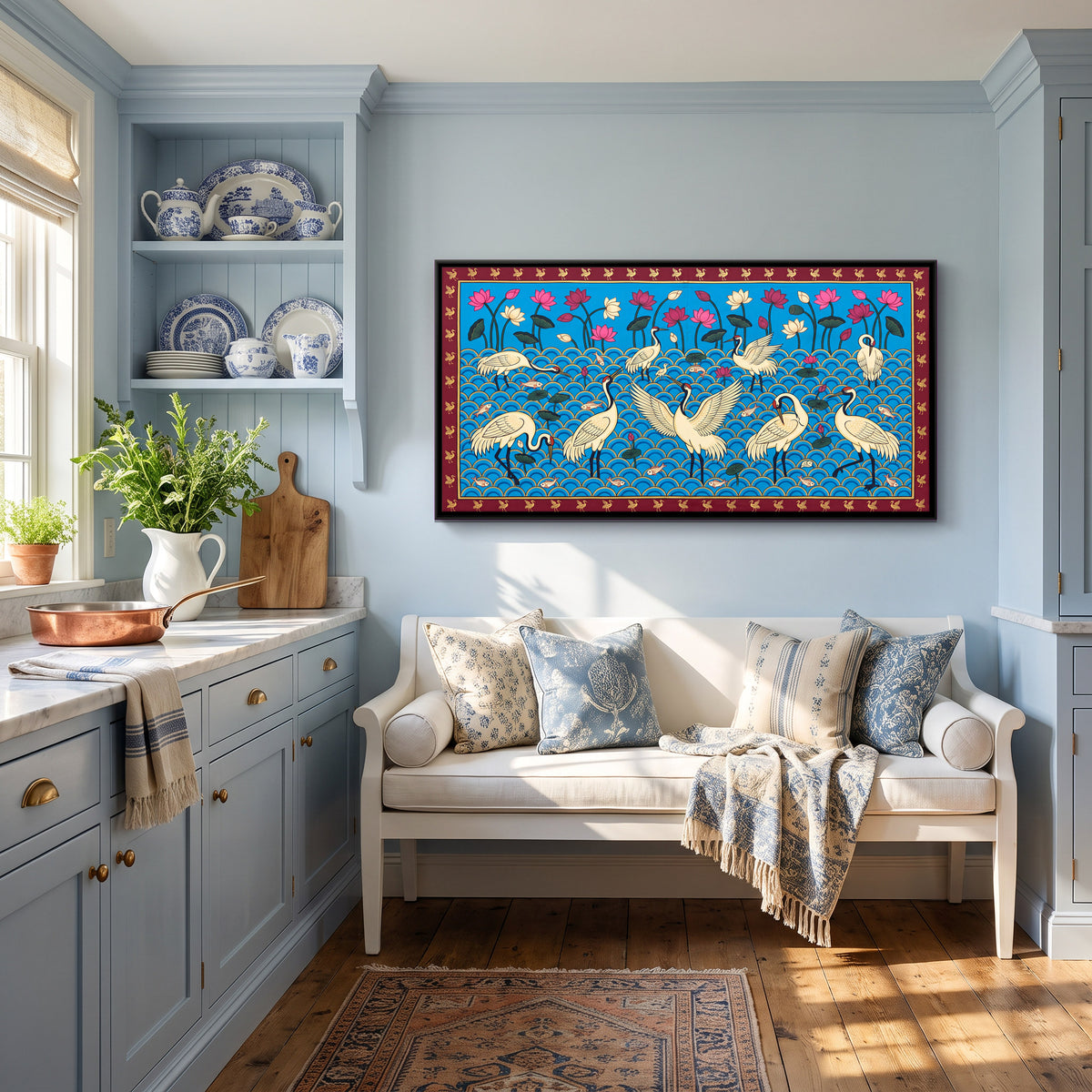 Cranes in a Lotus Pond - canvas art shown in a styled room