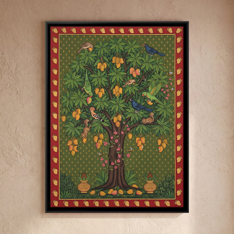 Mango Tree with Birds - framed canvas art hung on a wall