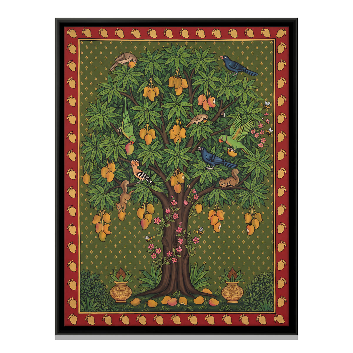 Mango Tree with Birds - framed canvas print, front view