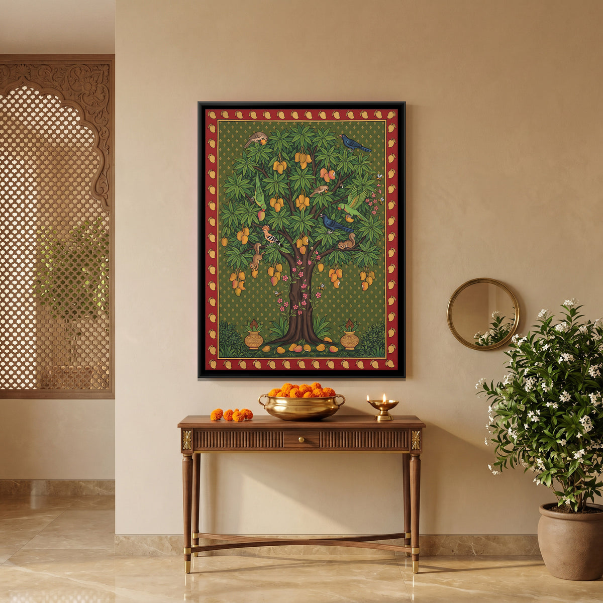 Mango Tree with Birds - canvas art shown in a second room setting