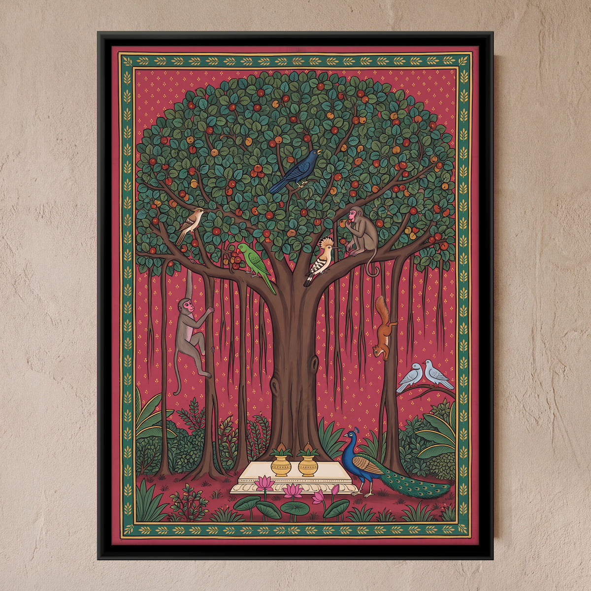 Banyan Tree with Peacocks - framed canvas art hung on a wall