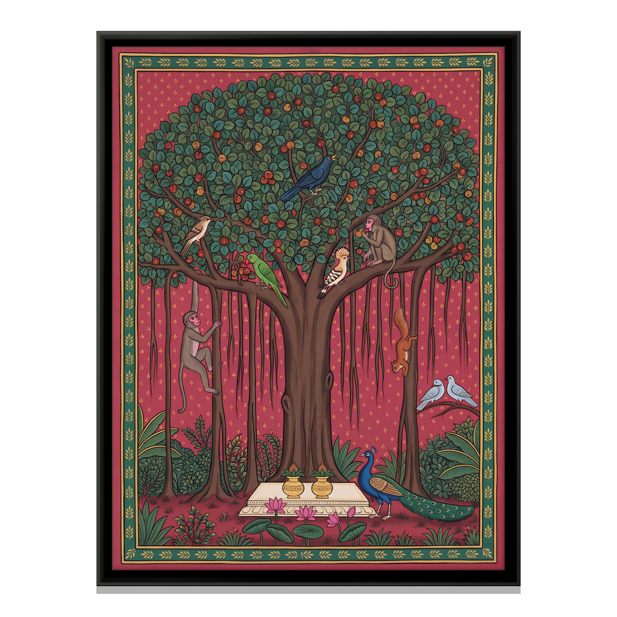 Banyan Tree with Peacocks - framed canvas print, front view