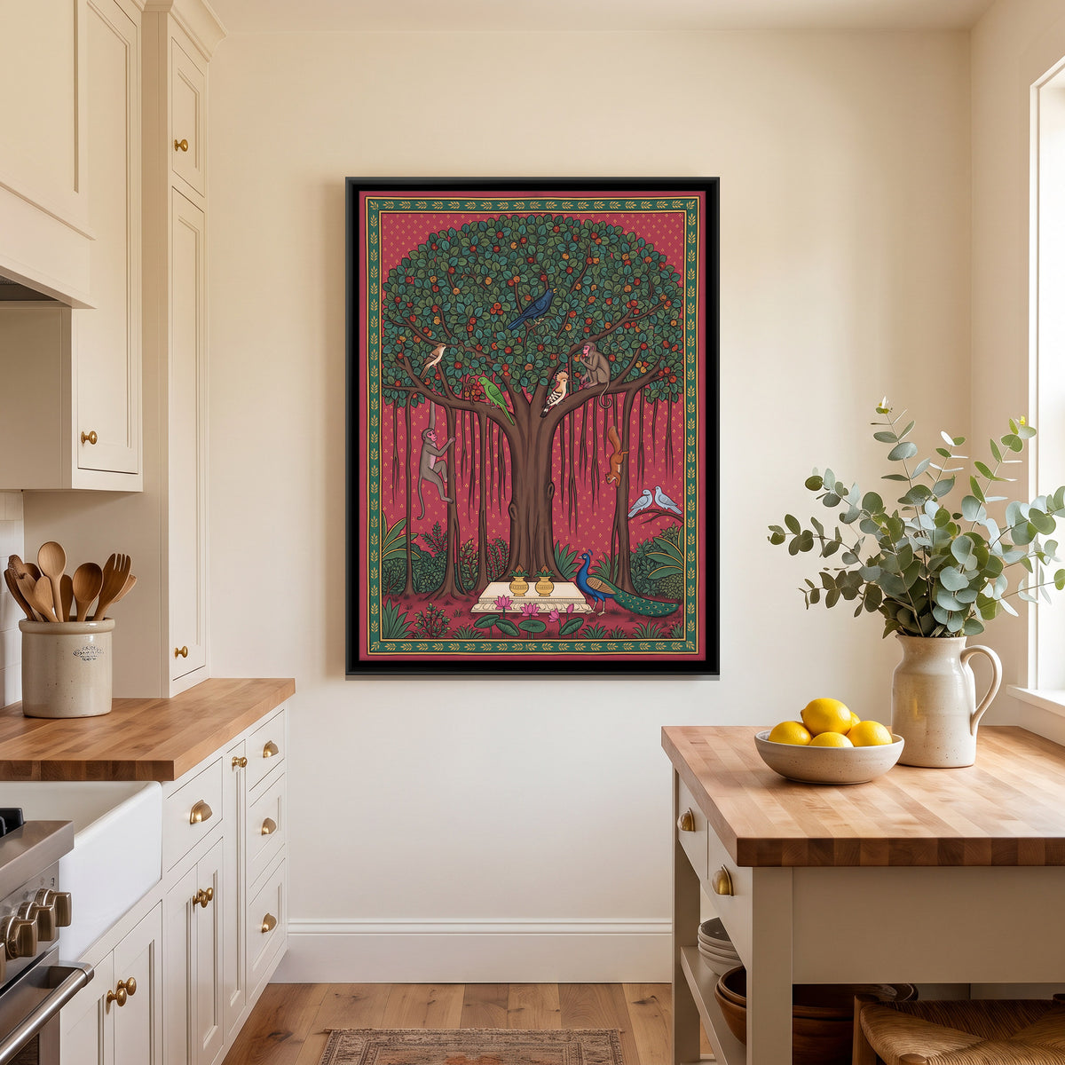 Banyan Tree with Peacocks - canvas art shown in a styled room