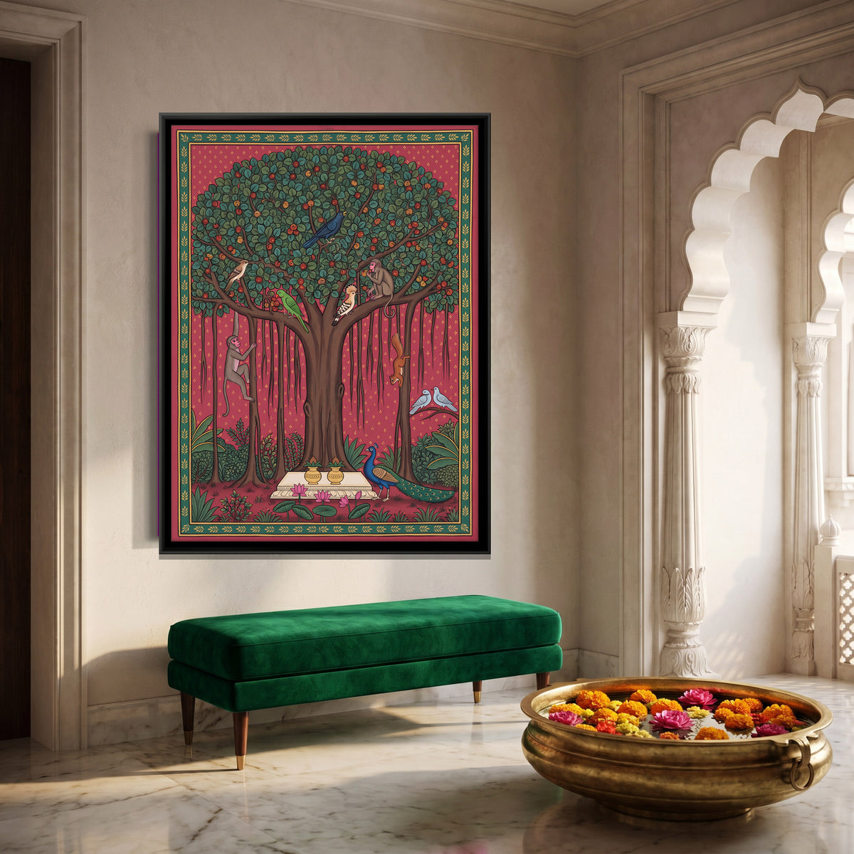 Banyan Tree with Peacocks - canvas art shown in a second room setting