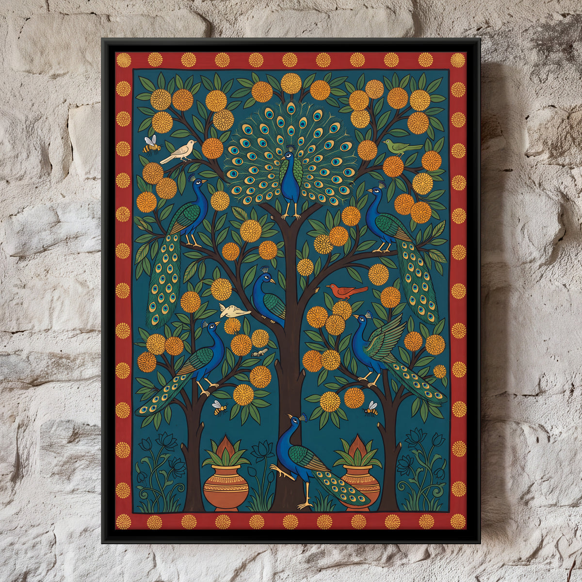 Kadamba Tree with Peacocks - framed canvas art hung on a wall