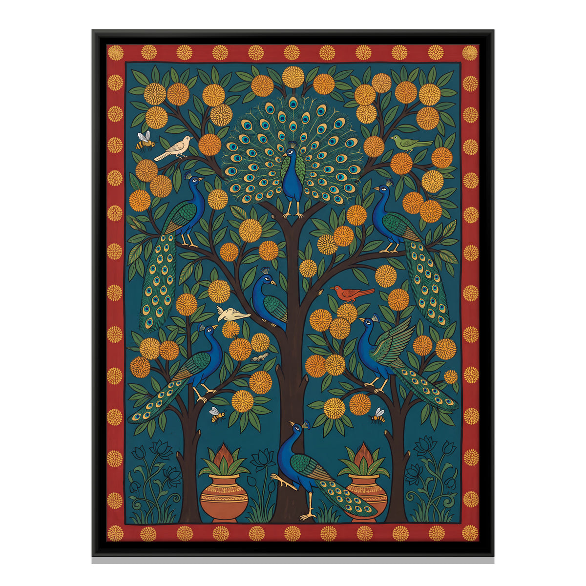 Kadamba Tree with Peacocks - framed canvas print, front view