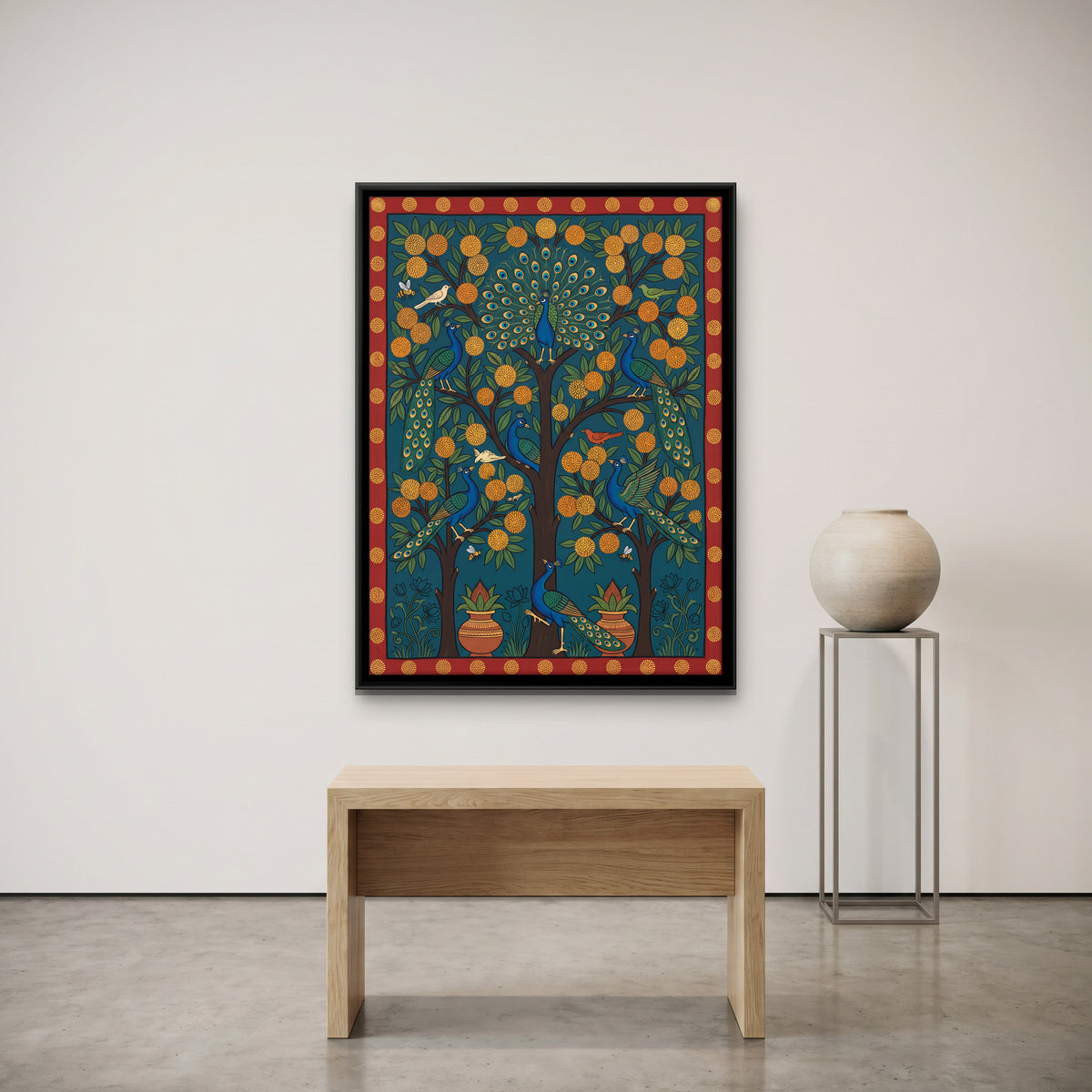 Kadamba Tree with Peacocks - canvas art shown in a second room setting