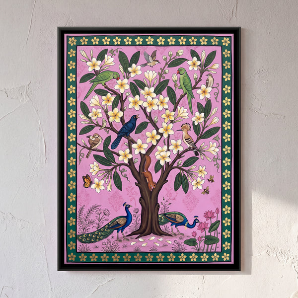 Frangipani Tree with Peacocks and Birds