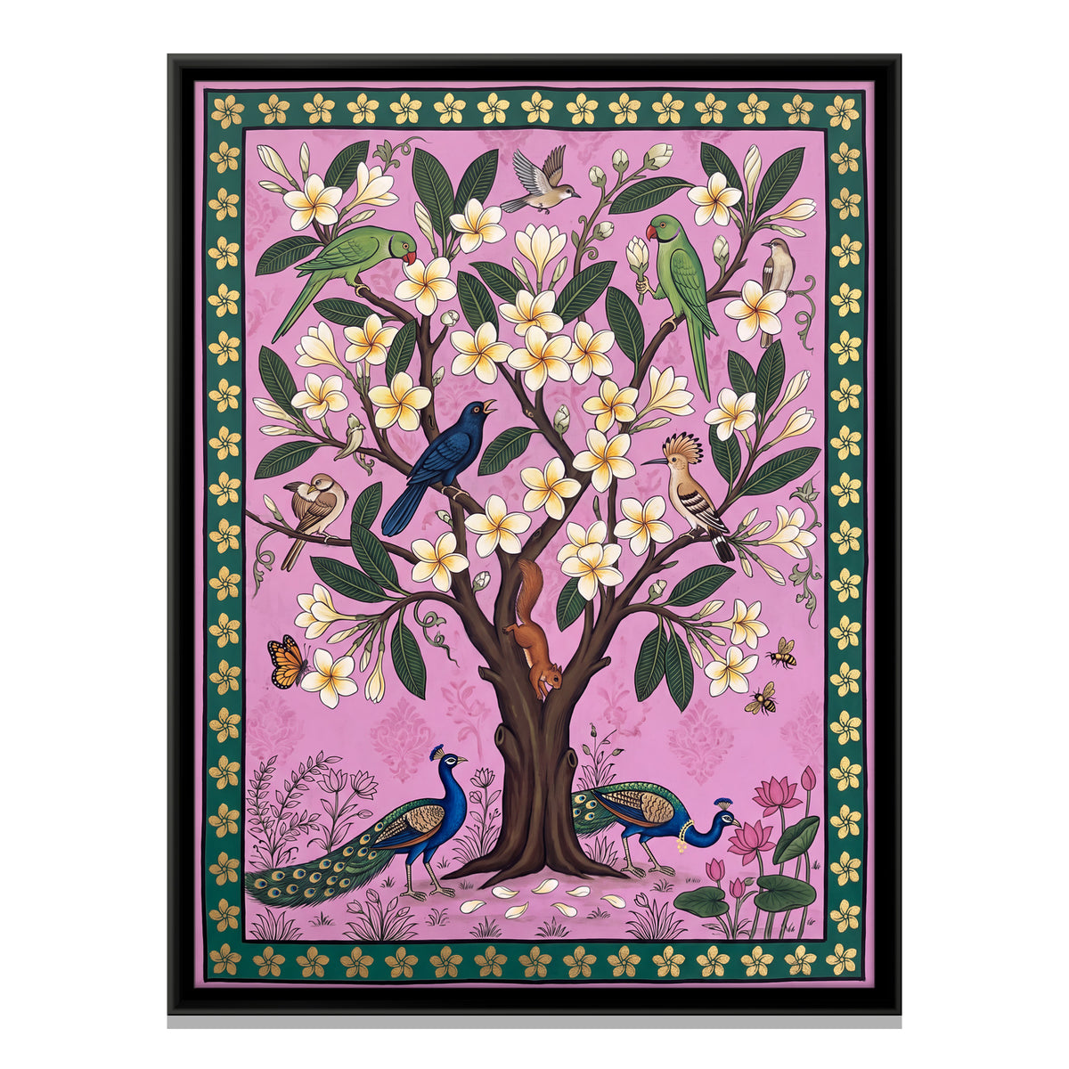 Frangipani Tree with Peacocks - framed canvas print, front view