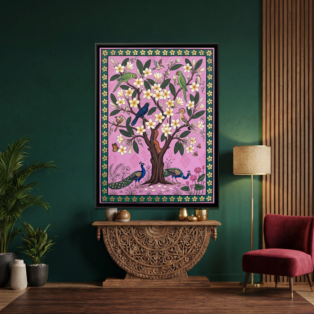 Frangipani Tree with Peacocks - canvas art shown in a styled room