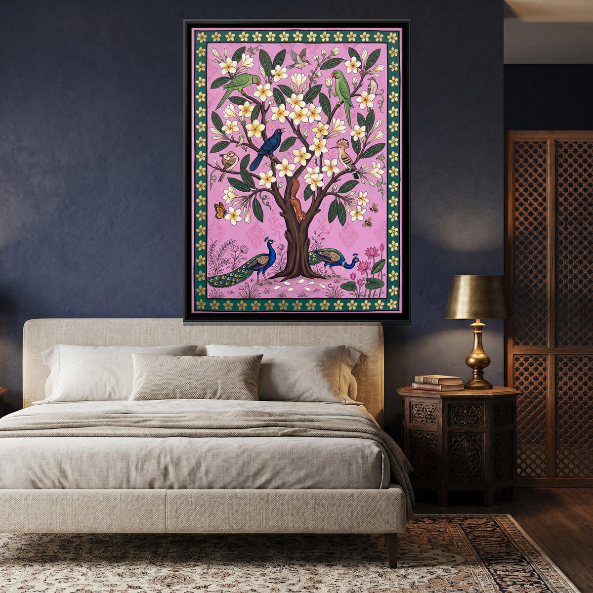 Frangipani Tree with Peacocks - canvas art shown in a second room setting