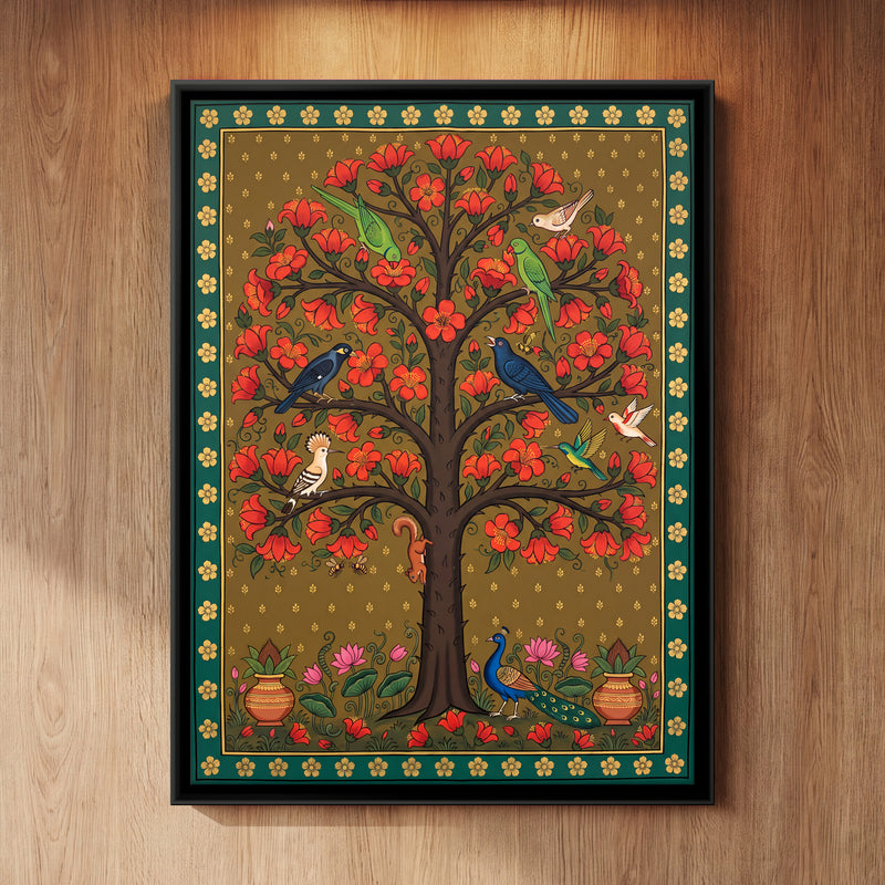 Red Blossom Tree with Parrots - framed canvas art hung on a wall