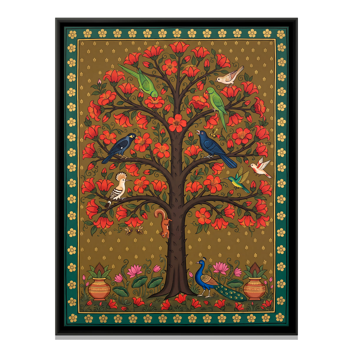 Red Blossom Tree with Parrots - framed canvas print, front view