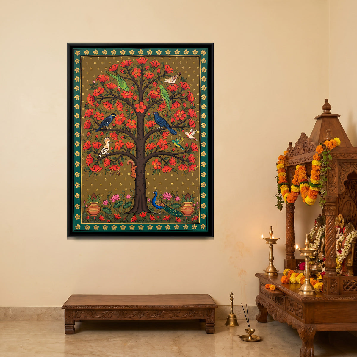 Red Blossom Tree with Parrots - canvas art shown in a styled room