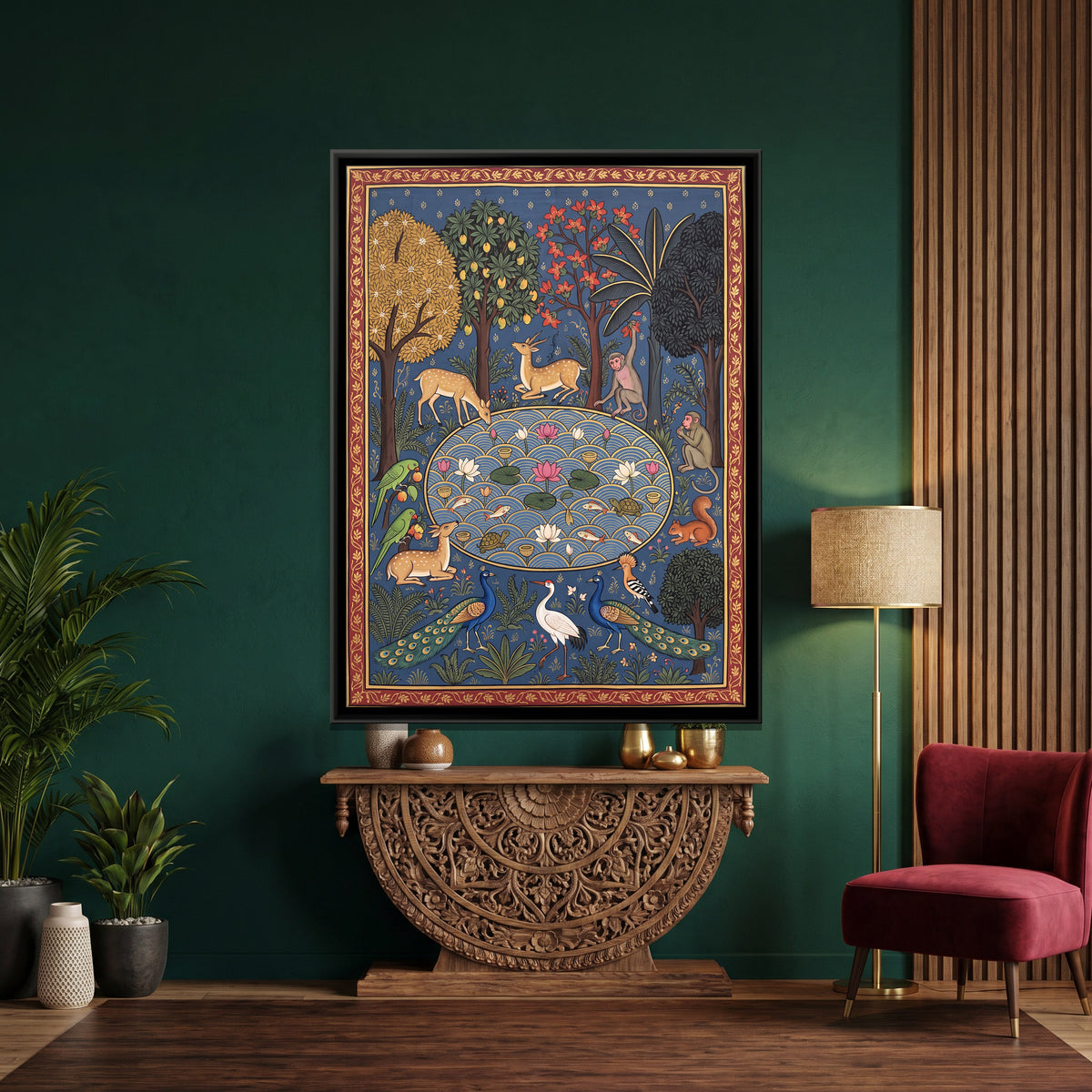Animals Around a Lotus Pool - canvas art shown in a styled room