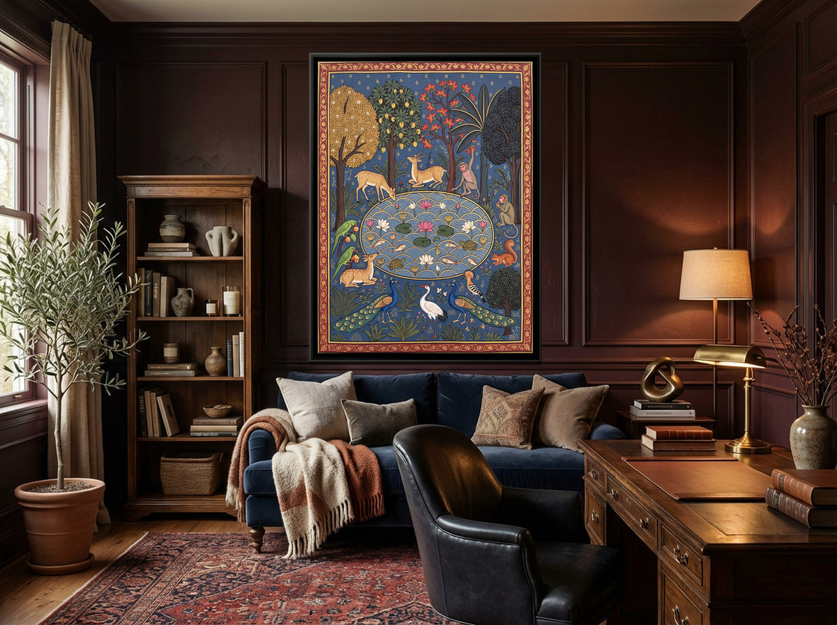 Animals Around a Lotus Pool - canvas art shown in a second room setting