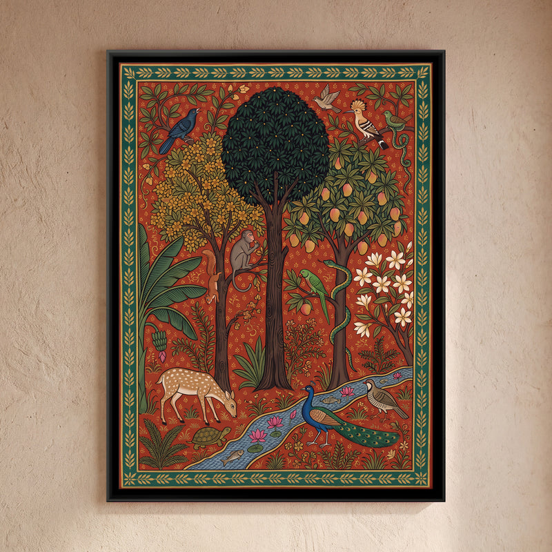 Forest Grove with a Lotus Stream - framed canvas art hung on a wall