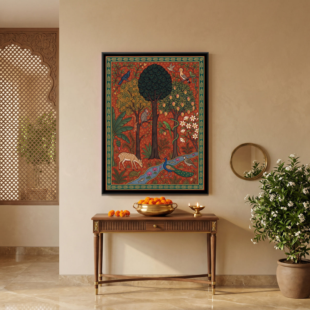 Forest Grove with a Lotus Stream - canvas art shown in a styled room