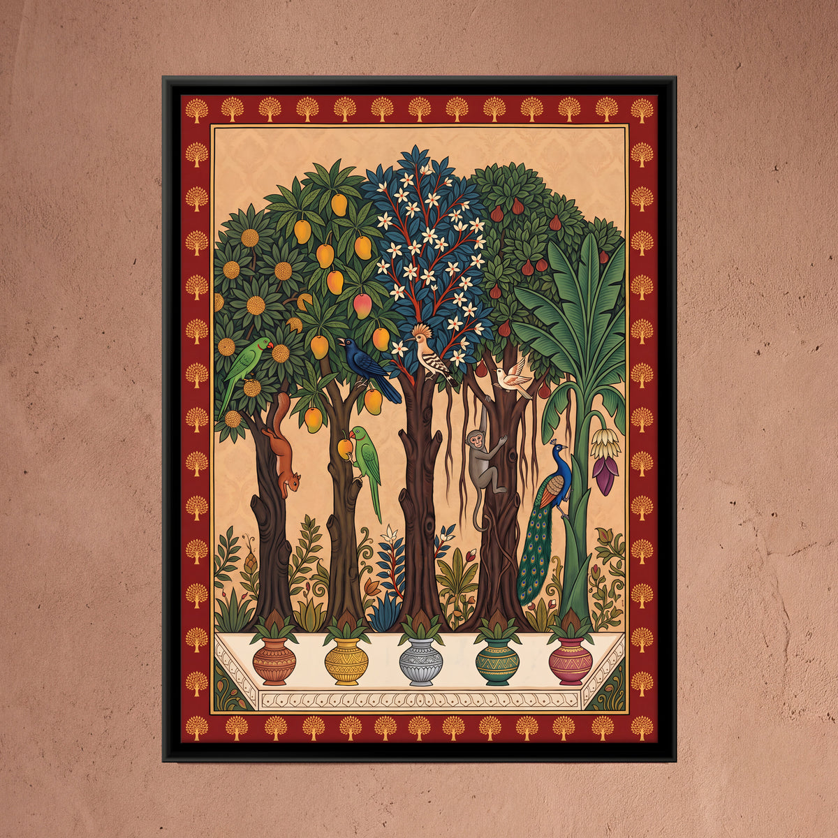 Five Fruiting Trees in Pots - framed canvas art hung on a wall