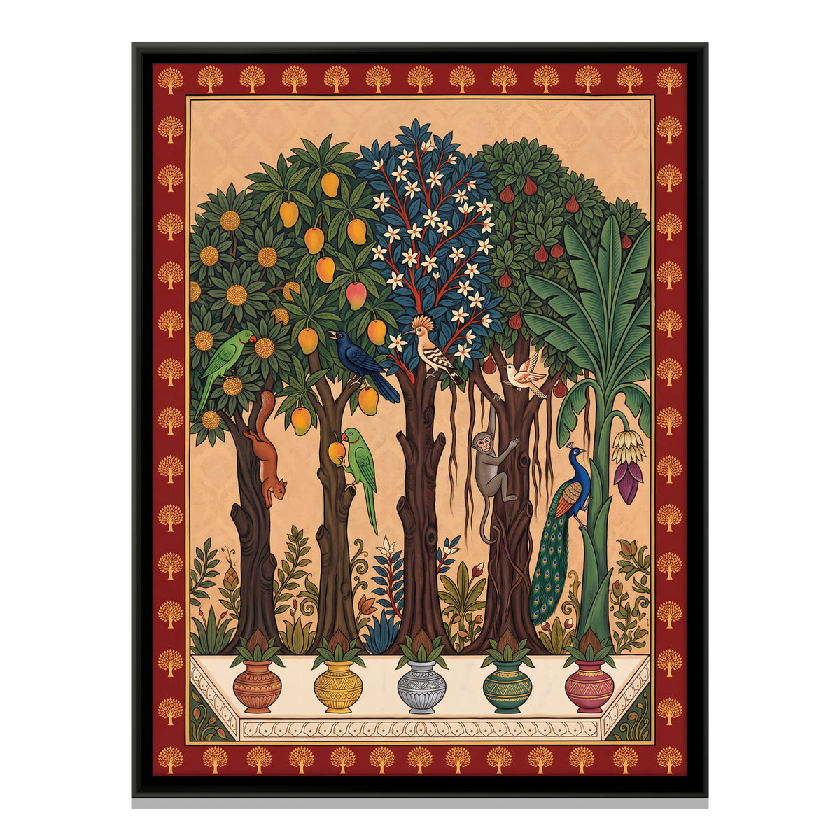 Five Fruiting Trees in Pots - framed canvas print, front view
