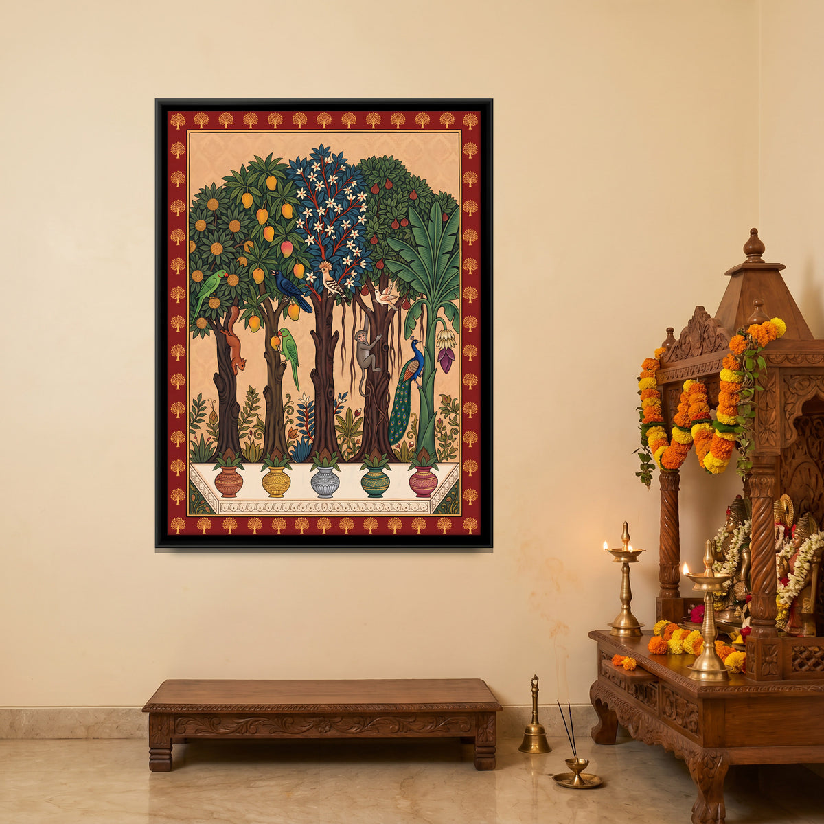 Five Fruiting Trees in Pots - canvas art shown in a styled room