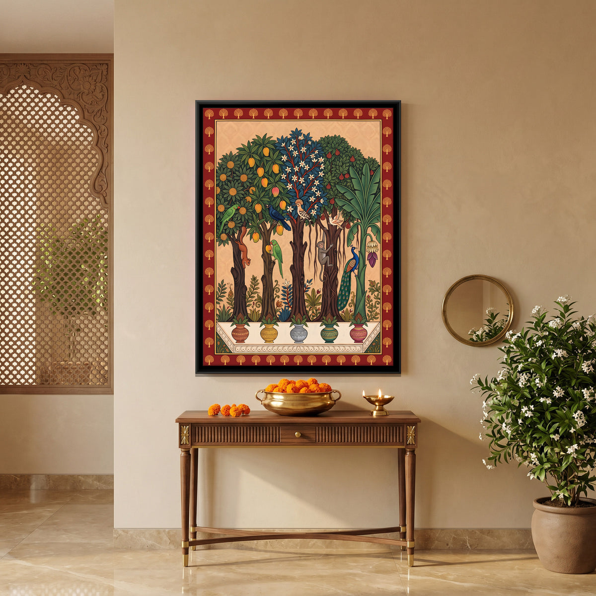Five Fruiting Trees in Pots - canvas art shown in a second room setting