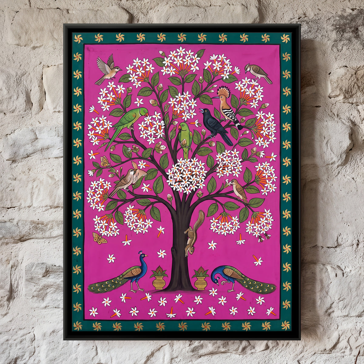 Night Jasmine Tree with Peacocks - framed canvas art hung on a wall