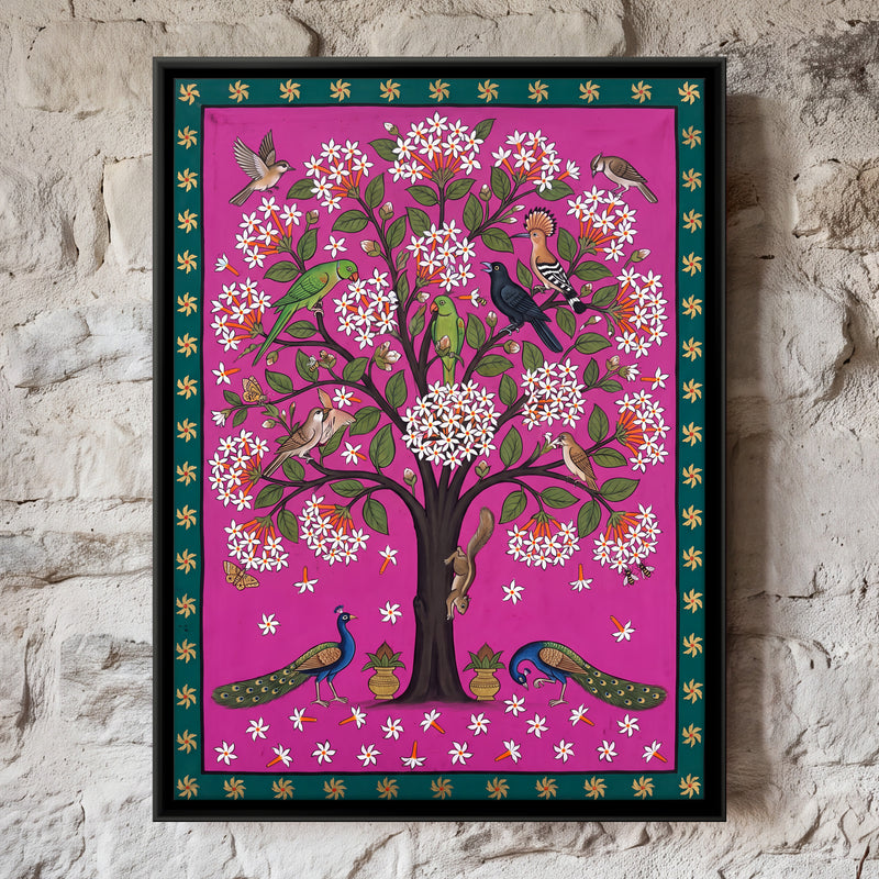 Night Jasmine Tree with Peacocks - framed canvas art hung on a wall