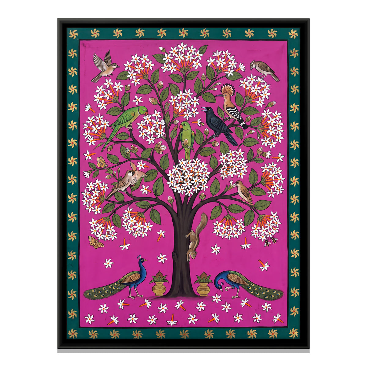 Night Jasmine Tree with Peacocks - framed canvas print, front view