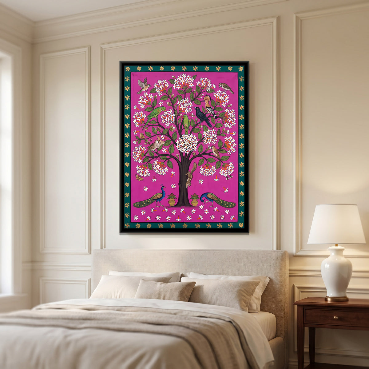 Night Jasmine Tree with Peacocks - canvas art shown in a styled room