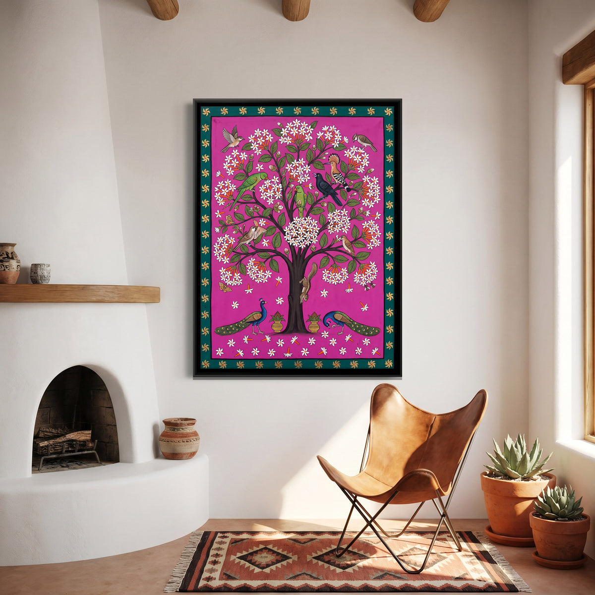 Night Jasmine Tree with Peacocks - canvas art shown in a second room setting
