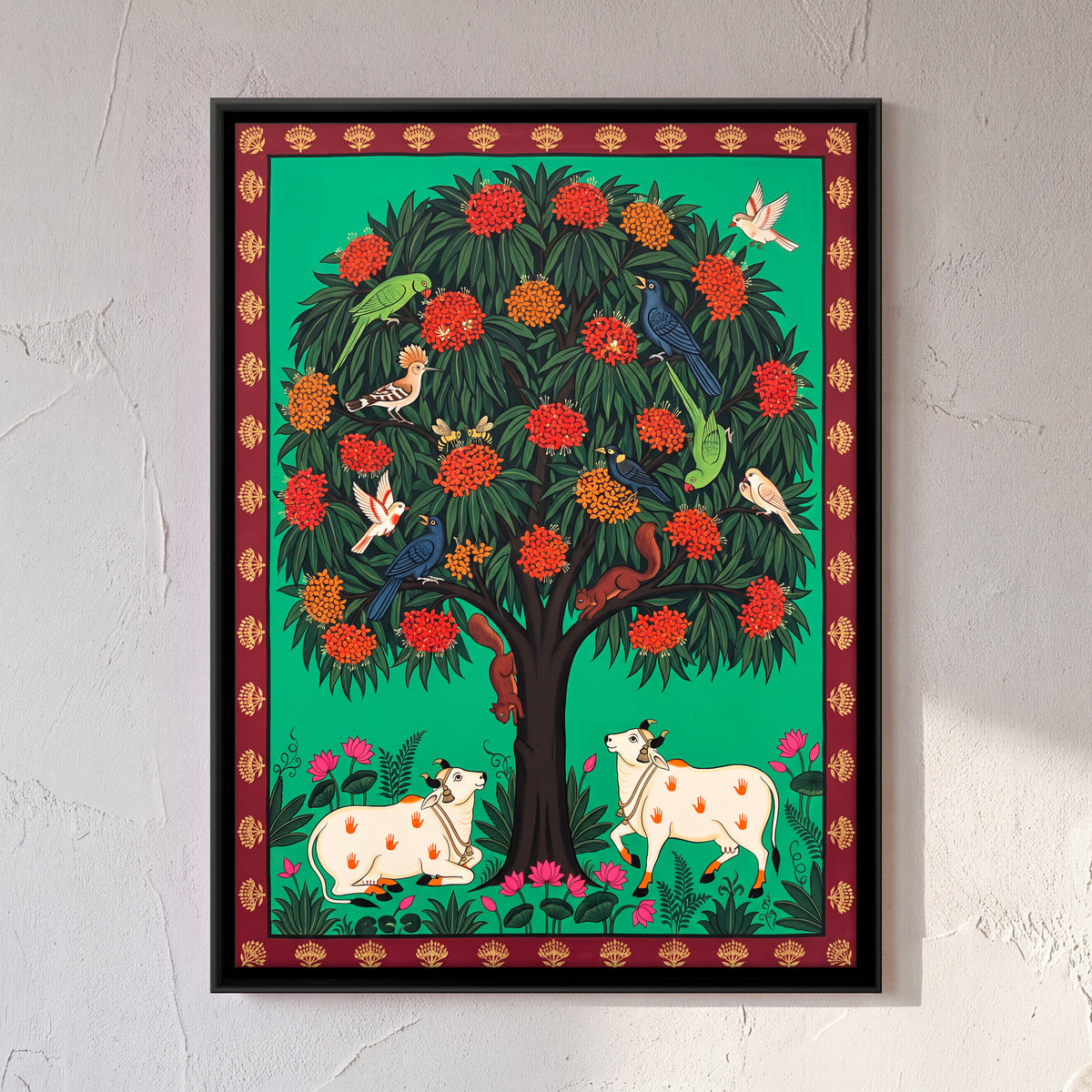 Cows Beneath a Flowering Tree - framed canvas art hung on a wall