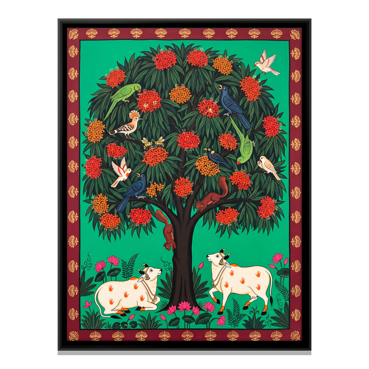 Cows Beneath a Flowering Tree - framed canvas print, front view