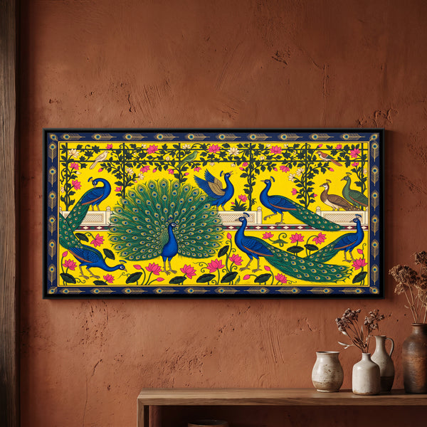 Peacocks Displaying on a Yellow Terrace