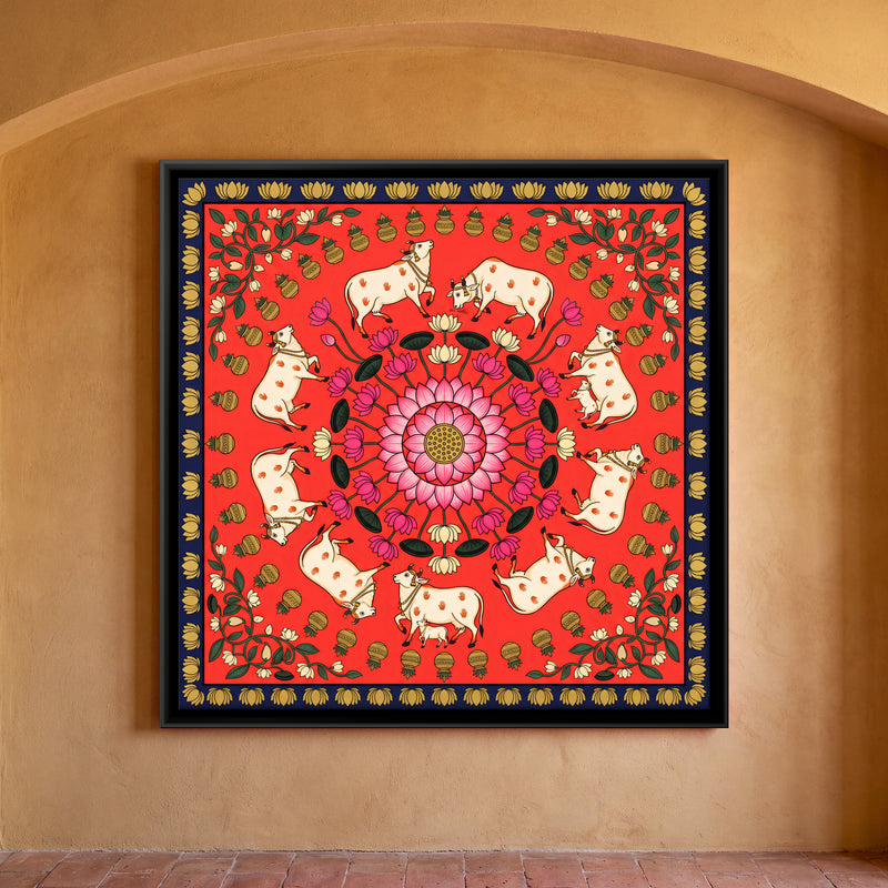 Cow Mandala with Lotus - framed canvas art hung on a wall