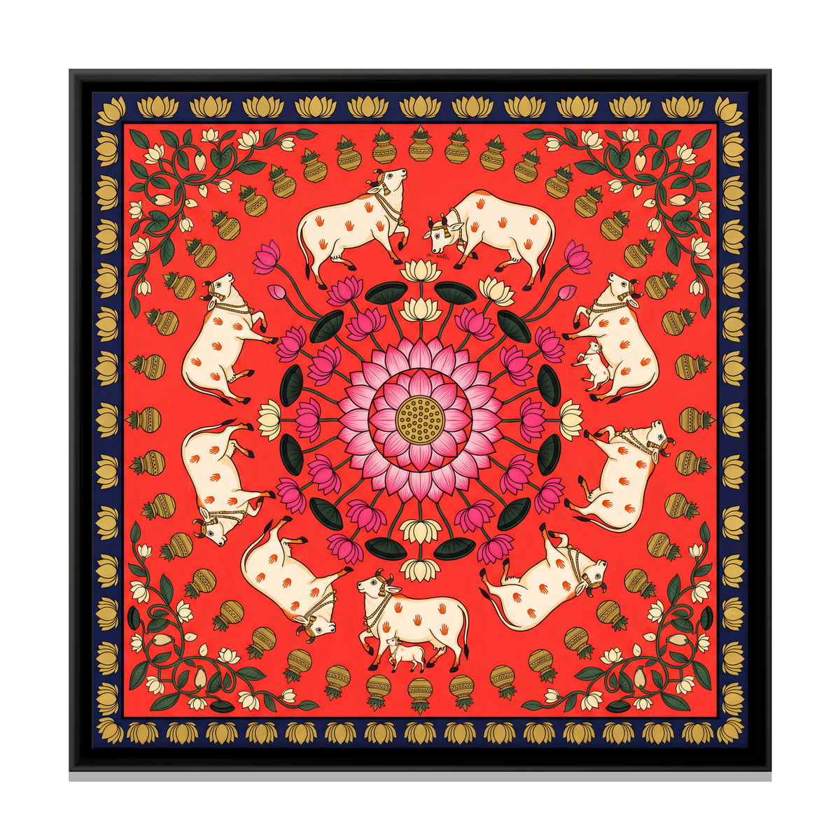 Cow Mandala with Lotus - framed canvas print, front view