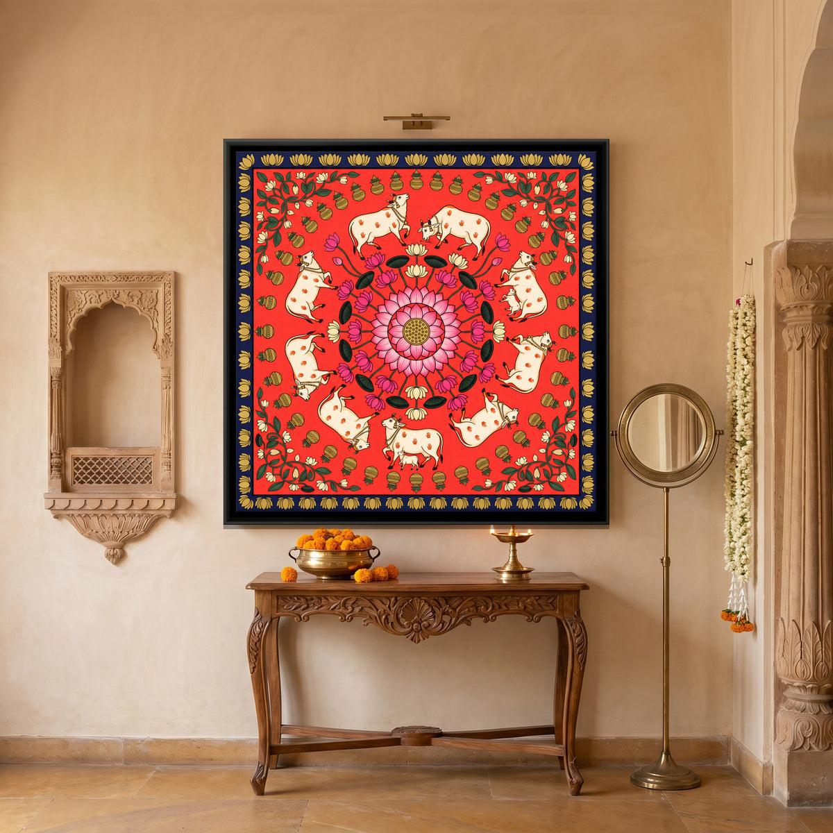 Cow Mandala with Lotus - canvas art shown in a second room setting