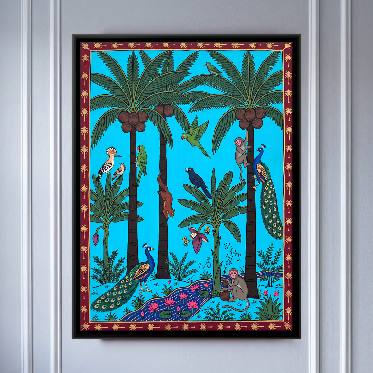 Coconut Palms with Peacocks - framed canvas art hung on a wall